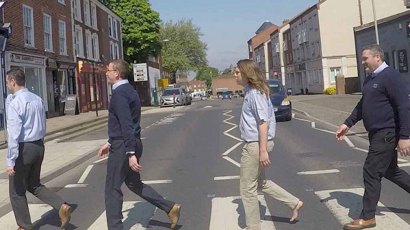 Marcus, Ian, Jack and Steve re-create famous abbey road image outside martins hifi