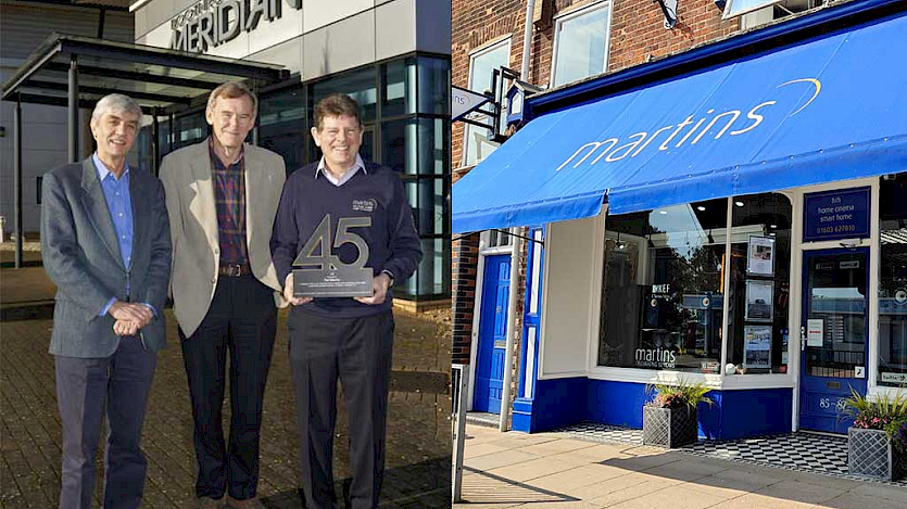 Ted with Bob and Allen presenting an award shaped in the number 45, the other image is the front of Martins Hi-Fi shop on Ber Street Norwich